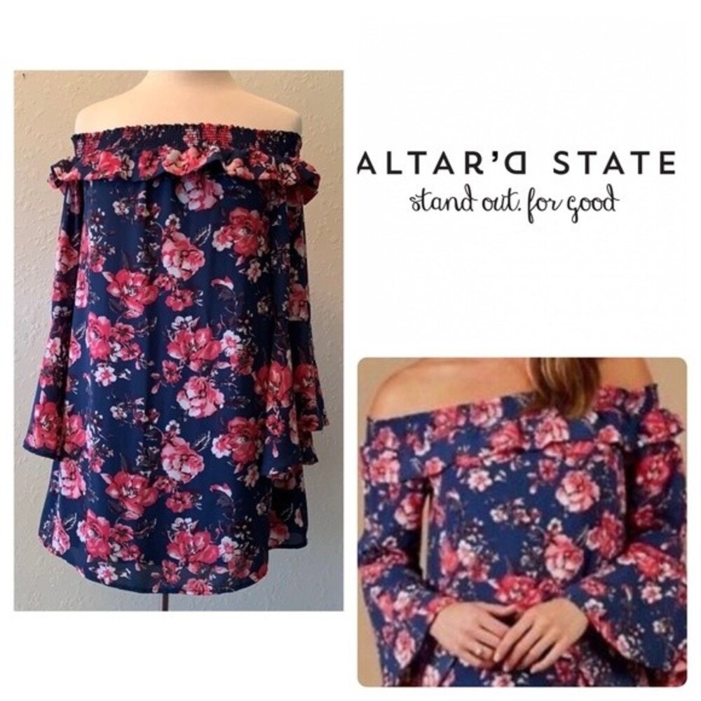 Altar’d State Long Bell Sleeve Off Shoulder Blue Pink Floral Dress Size Large